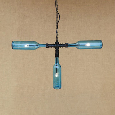 3 Lights Chandelier Lamp Vintage Style Bottle Glass Shade Pendant Lighting in Smoke Grey/Blue for Bar Blue Clearhalo 'Ceiling Lights' 'Chandeliers' 'Clear' 'Glass shade' 'Glass' 'Industrial Chandeliers' 'Industrial' 'Middle Century Chandeliers' 'Modern' 'Tiffany' 'Traditional Chandeliers' Lighting' 21889