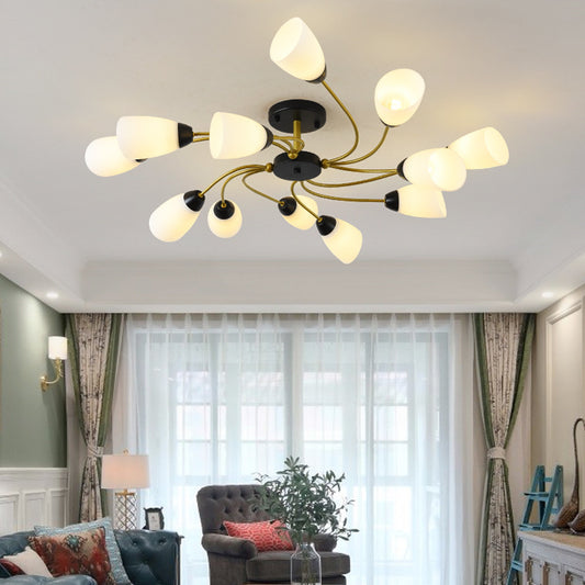 Living Room Curly Floral Semi Flush Mount Modern Milk White Glass 9/12 Lights Ceiling Lighting Fixture in Black/Gold Clearhalo 'Ceiling Lights' 'Close To Ceiling Lights' 'Close to ceiling' 'Glass shade' 'Glass' 'Semi-flushmount' Lighting' 218924