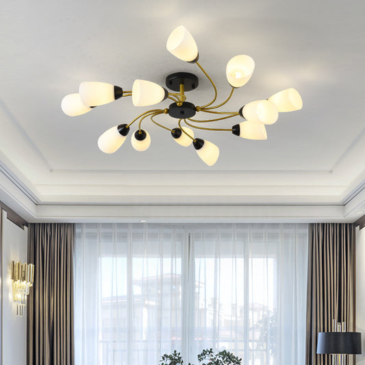 Living Room Curly Floral Semi Flush Mount Modern Milk White Glass 9/12 Lights Ceiling Lighting Fixture in Black/Gold 12 Black Clearhalo 'Ceiling Lights' 'Close To Ceiling Lights' 'Close to ceiling' 'Glass shade' 'Glass' 'Semi-flushmount' Lighting' 218925