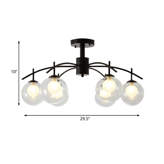 Clear Glass Ball Semi Flush Light Contemporary 3/5/6-Light Living Room Ceiling Flush Mount Chandelier in Black Clearhalo 'Ceiling Lights' 'Close To Ceiling Lights' 'Close to ceiling' 'Glass shade' 'Glass' 'Semi-flushmount' Lighting' 219011