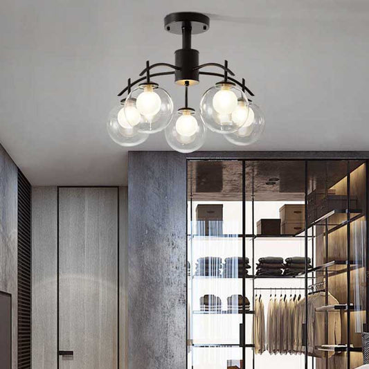 Clear Glass Ball Semi Flush Light Contemporary 3/5/6-Light Living Room Ceiling Flush Mount Chandelier in Black 5 Black Clearhalo 'Ceiling Lights' 'Close To Ceiling Lights' 'Close to ceiling' 'Glass shade' 'Glass' 'Semi-flushmount' Lighting' 219012