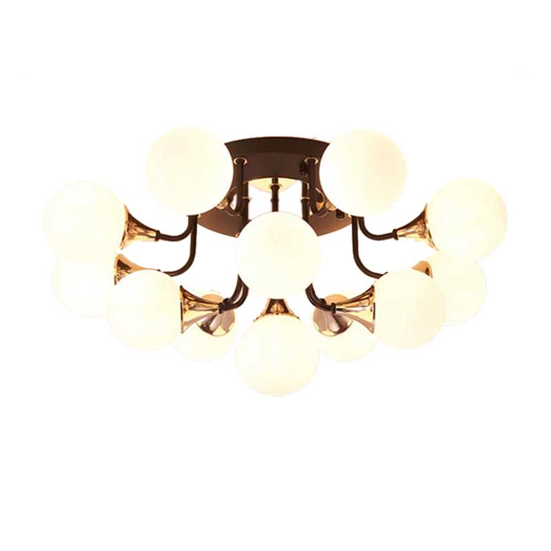 6/10/13 Lights Corridor Semi Flush Chandelier Milk White Glass Shaded Sphere Ceiling Mounted Light in Black Clearhalo 'Ceiling Lights' 'Close To Ceiling Lights' 'Close to ceiling' 'Glass shade' 'Glass' 'Semi-flushmount' Lighting' 219026