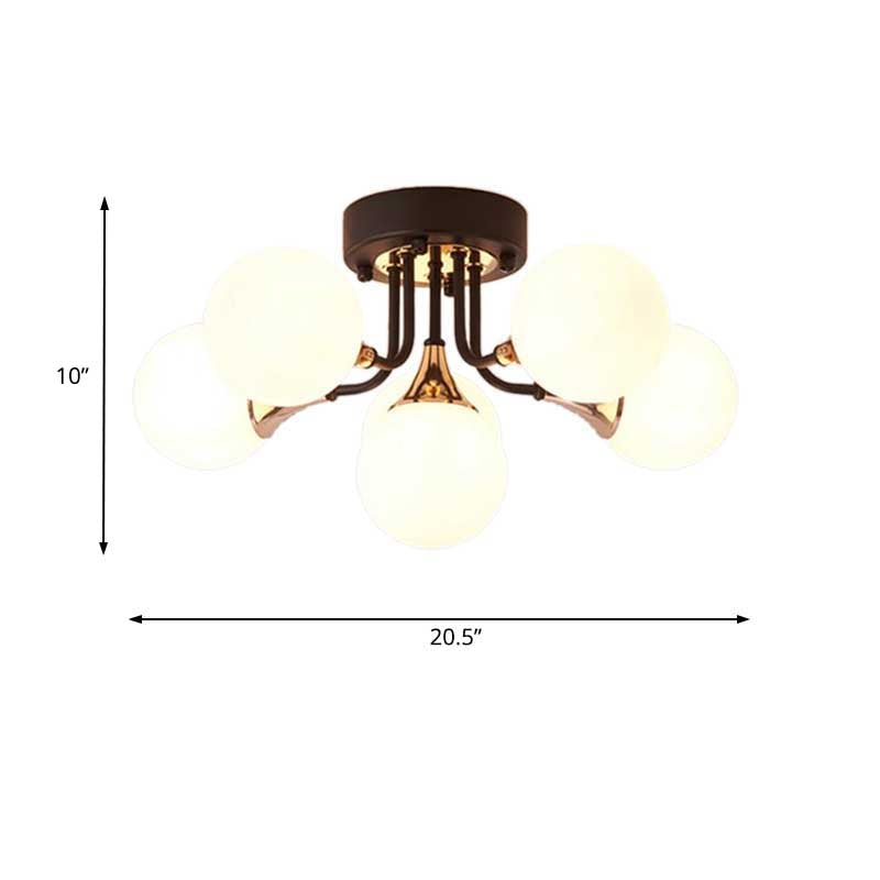 6/10/13 Lights Corridor Semi Flush Chandelier Milk White Glass Shaded Sphere Ceiling Mounted Light in Black Clearhalo 'Ceiling Lights' 'Close To Ceiling Lights' 'Close to ceiling' 'Glass shade' 'Glass' 'Semi-flushmount' Lighting' 219033