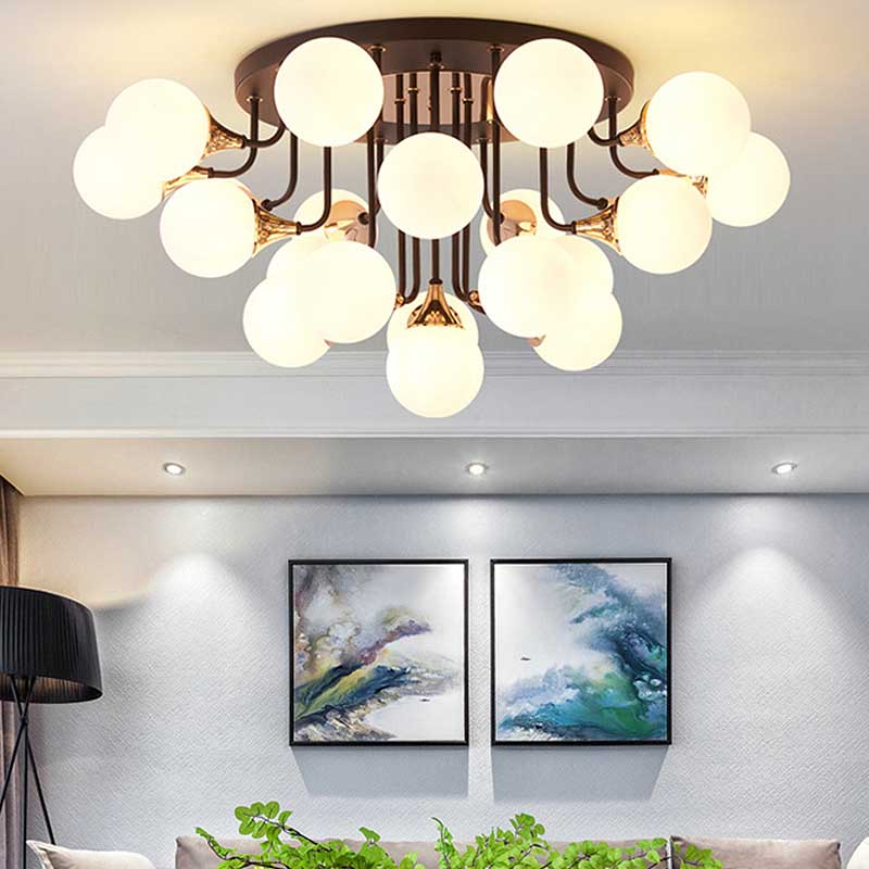 6/10/13 Lights Corridor Semi Flush Chandelier Milk White Glass Shaded Sphere Ceiling Mounted Light in Black Clearhalo 'Ceiling Lights' 'Close To Ceiling Lights' 'Close to ceiling' 'Glass shade' 'Glass' 'Semi-flushmount' Lighting' 219034