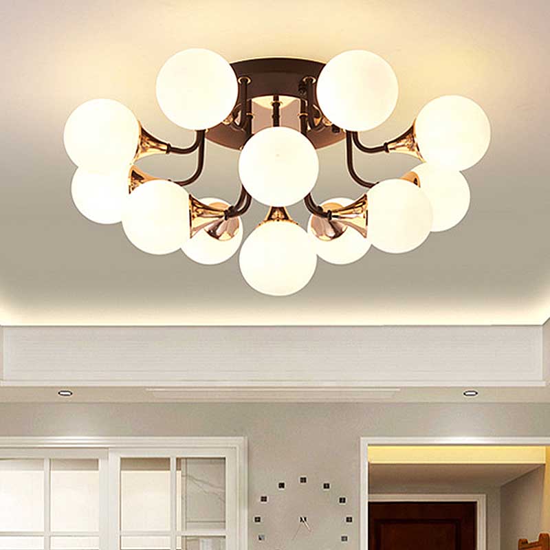 6/10/13 Lights Corridor Semi Flush Chandelier Milk White Glass Shaded Sphere Ceiling Mounted Light in Black 13 Black Clearhalo 'Ceiling Lights' 'Close To Ceiling Lights' 'Close to ceiling' 'Glass shade' 'Glass' 'Semi-flushmount' Lighting' 219038