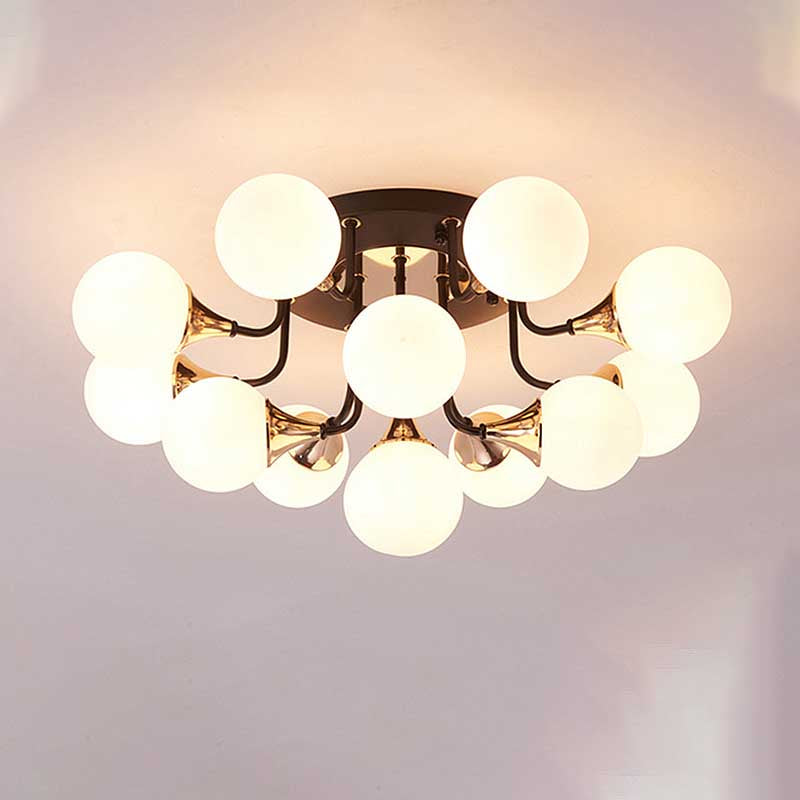 6/10/13 Lights Corridor Semi Flush Chandelier Milk White Glass Shaded Sphere Ceiling Mounted Light in Black Clearhalo 'Ceiling Lights' 'Close To Ceiling Lights' 'Close to ceiling' 'Glass shade' 'Glass' 'Semi-flushmount' Lighting' 219039