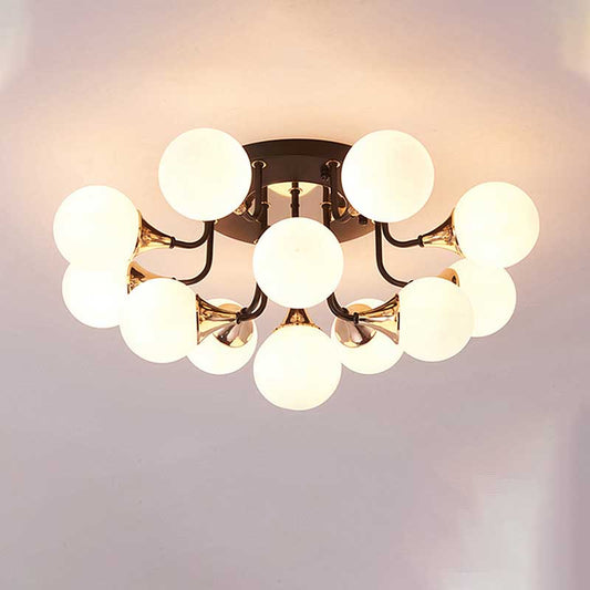 6/10/13 Lights Corridor Semi Flush Chandelier Milk White Glass Shaded Sphere Ceiling Mounted Light in Black Clearhalo 'Ceiling Lights' 'Close To Ceiling Lights' 'Close to ceiling' 'Glass shade' 'Glass' 'Semi-flushmount' Lighting' 219039