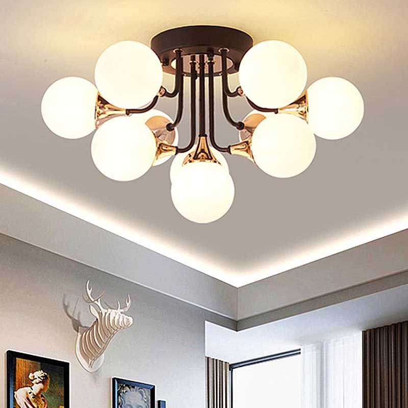 6/10/13 Lights Corridor Semi Flush Chandelier Milk White Glass Shaded Sphere Ceiling Mounted Light in Black 10 Black Clearhalo 'Ceiling Lights' 'Close To Ceiling Lights' 'Close to ceiling' 'Glass shade' 'Glass' 'Semi-flushmount' Lighting' 219040
