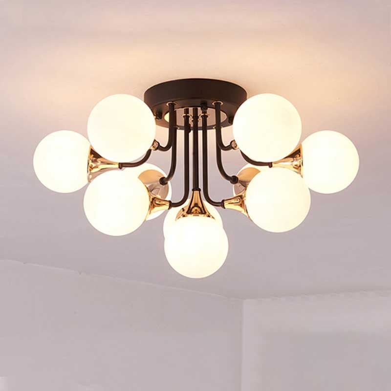 6/10/13 Lights Corridor Semi Flush Chandelier Milk White Glass Shaded Sphere Ceiling Mounted Light in Black Clearhalo 'Ceiling Lights' 'Close To Ceiling Lights' 'Close to ceiling' 'Glass shade' 'Glass' 'Semi-flushmount' Lighting' 219041