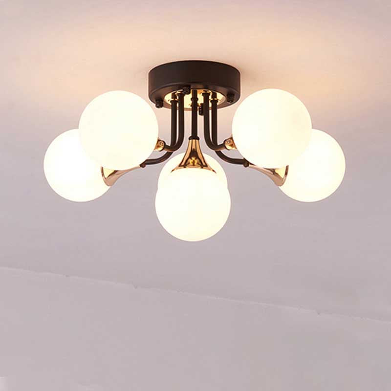 6/10/13 Lights Corridor Semi Flush Chandelier Milk White Glass Shaded Sphere Ceiling Mounted Light in Black Clearhalo 'Ceiling Lights' 'Close To Ceiling Lights' 'Close to ceiling' 'Glass shade' 'Glass' 'Semi-flushmount' Lighting' 219043