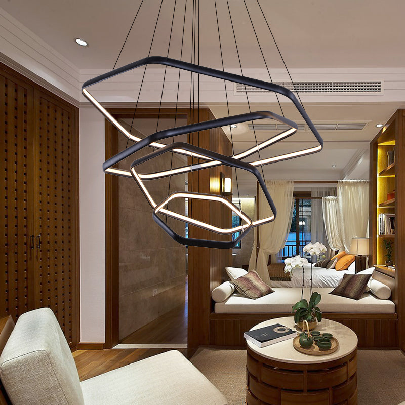 Tiered Hexagonal Chandelier Pendant Simplicity Acrylic 1/2/3-Light LED Hanging Lamp in Black/Silver/White Clearhalo 'Ceiling Lights' 'Chandeliers' 'Modern Chandeliers' 'Modern' Lighting' 219351