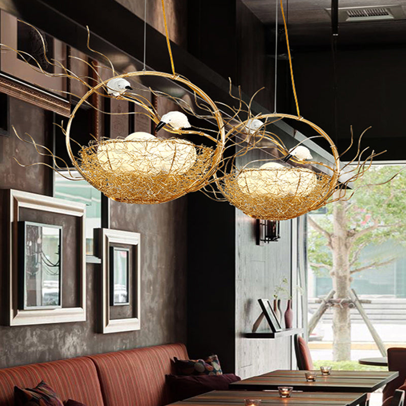 Artistry 3-Light Chandelier Pendant Golden Aluminum Basket Hanging Lamp with Birds and Matte White Glass Balls Clearhalo 'Ceiling Lights' 'Chandeliers' Lighting' options 219431