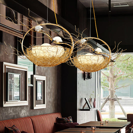 Artistry 3-Light Chandelier Pendant Golden Aluminum Basket Hanging Lamp with Birds and Matte White Glass Balls Clearhalo 'Ceiling Lights' 'Chandeliers' Lighting' options 219431