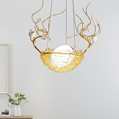 Egg Shaped Hanging Ceiling Pendant Art Deco Milk White Glass 1 Light Gold Chandelier with White Birds and Aluminum Bird Nest Gold Clearhalo 'Ceiling Lights' 'Chandeliers' Lighting' options 219438_cefc7ea3-59cf-45a9-81b0-8efb05e31a29