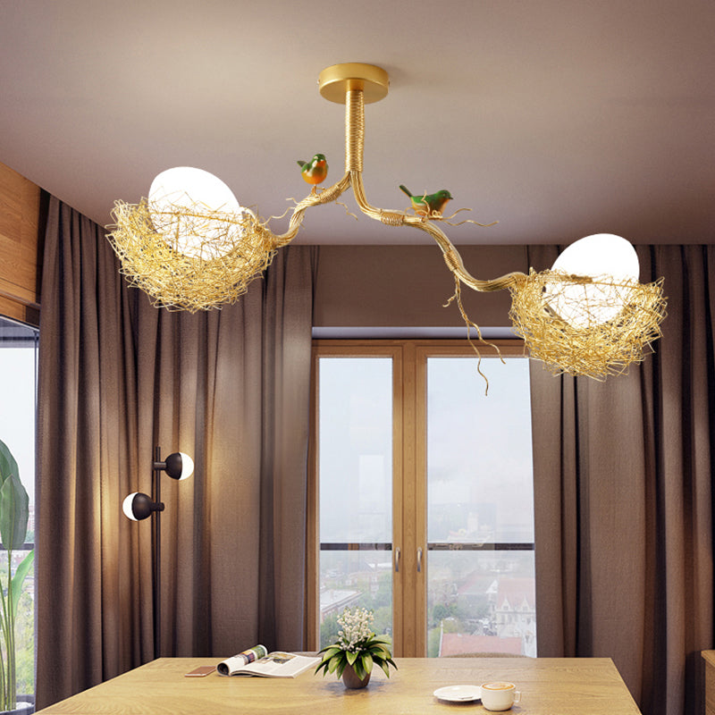 Artistry Milk White Glass Ball Chandelier Pendant 1/2/3-Light Golden Hanging Lamp with Birds and Hand Sewn Aluminum Nest 2 Gold Clearhalo 'Ceiling Lights' 'Chandeliers' Lighting' options 219468_85e4b546-f539-439c-b59f-3720a2fd1680
