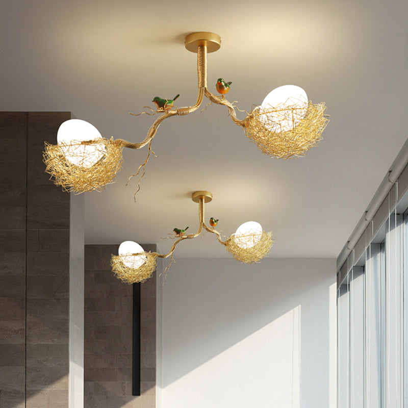 Artistry Milk White Glass Ball Chandelier Pendant 1/2/3-Light Golden Hanging Lamp with Birds and Hand Sewn Aluminum Nest Clearhalo 'Ceiling Lights' 'Chandeliers' Lighting' options 219469