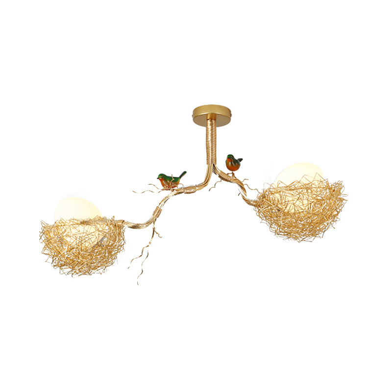 Artistry Milk White Glass Ball Chandelier Pendant 1/2/3-Light Golden Hanging Lamp with Birds and Hand Sewn Aluminum Nest Clearhalo 'Ceiling Lights' 'Chandeliers' Lighting' options 219470