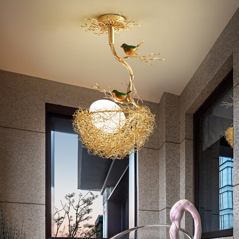 Artistry Milk White Glass Ball Chandelier Pendant 1/2/3-Light Golden Hanging Lamp with Birds and Hand Sewn Aluminum Nest 1 Gold Clearhalo 'Ceiling Lights' 'Chandeliers' Lighting' options 219472_b1edc3de-d376-4ac6-98af-a388bcd3bd6e