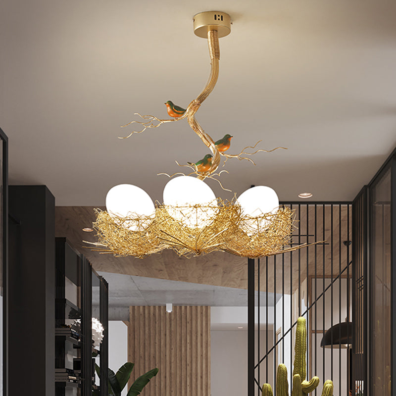 Artistry Milk White Glass Ball Chandelier Pendant 1/2/3-Light Golden Hanging Lamp with Birds and Hand Sewn Aluminum Nest 3 Gold Clearhalo 'Ceiling Lights' 'Chandeliers' Lighting' options 219475_00455acc-2ae3-48fb-a920-abf1f4beaf13