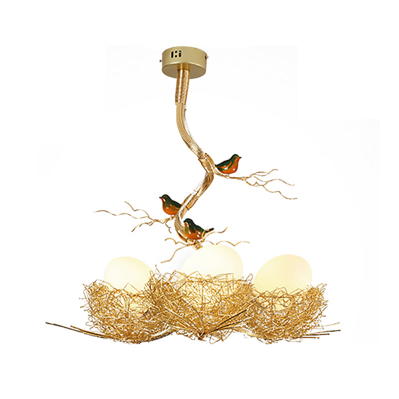 Artistry Milk White Glass Ball Chandelier Pendant 1/2/3-Light Golden Hanging Lamp with Birds and Hand Sewn Aluminum Nest Clearhalo 'Ceiling Lights' 'Chandeliers' Lighting' options 219476