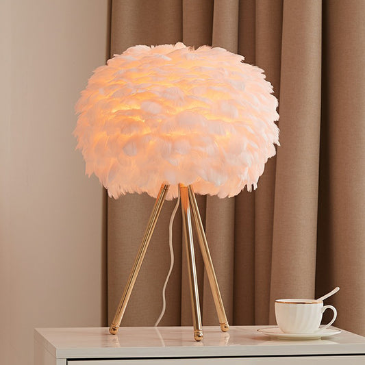 Tripod Girls Bedroom Table Lamp Metallic Single-Bulb Contemporary Nightstand Lighting with Feather Shade Gold Pink Clearhalo 'Lamps' 'Table Lamps' Lighting' 2196924