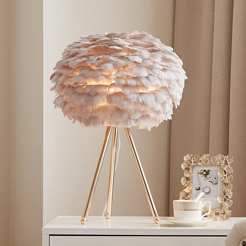 Tripod Girls Bedroom Table Lamp Metallic Single-Bulb Contemporary Nightstand Lighting with Feather Shade Gold Gray Clearhalo 'Lamps' 'Table Lamps' Lighting' 2196926