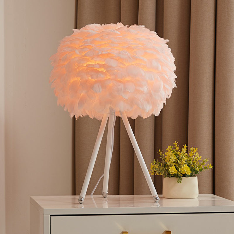 Tripod Girls Bedroom Table Lamp Metallic Single-Bulb Contemporary Nightstand Lighting with Feather Shade White Pink Clearhalo 'Lamps' 'Table Lamps' Lighting' 2196927