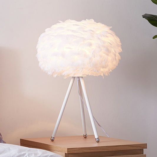 Tripod Girls Bedroom Table Lamp Metallic Single-Bulb Contemporary Nightstand Lighting with Feather Shade White White Clearhalo 'Lamps' 'Table Lamps' Lighting' 2196928