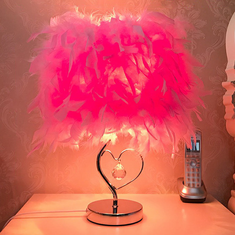 Cylindrical Nightstand Lamp Modern Style Feather Bedroom Table Light with Crystal Drip Pink A Clearhalo 'Lamps' 'Table Lamps' Lighting' 2196931