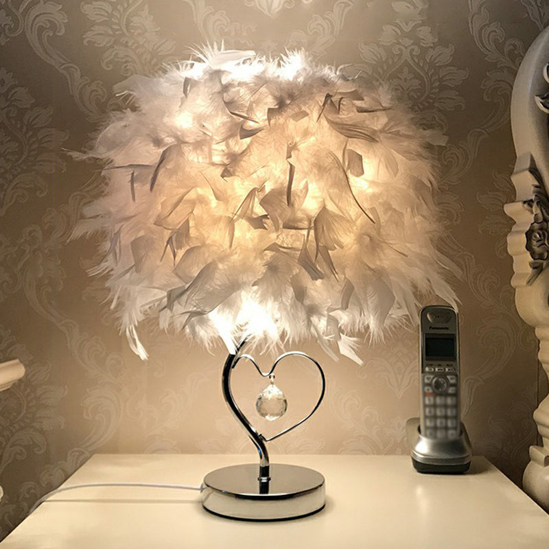 Cylindrical Nightstand Lamp Modern Style Feather Bedroom Table Light with Crystal Drip White A Clearhalo 'Lamps' 'Table Lamps' Lighting' 2196933