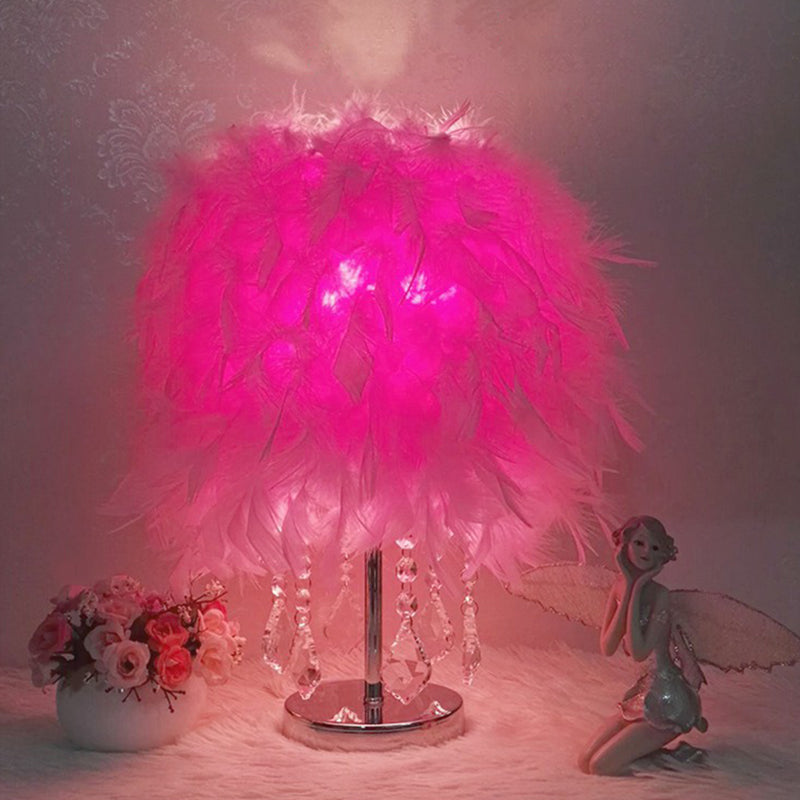 Cylindrical Nightstand Lamp Modern Style Feather Bedroom Table Light with Crystal Drip Pink B Clearhalo 'Lamps' 'Table Lamps' Lighting' 2196936