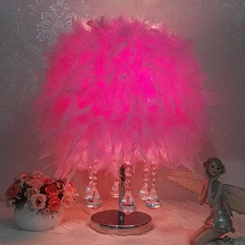 Cylindrical Nightstand Lamp Modern Style Feather Bedroom Table Light with Crystal Drip Pink C Clearhalo 'Lamps' 'Table Lamps' Lighting' 2196939