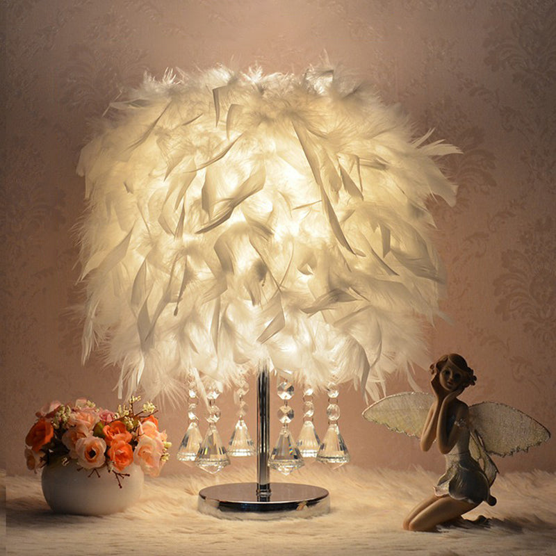 Cylindrical Nightstand Lamp Modern Style Feather Bedroom Table Light with Crystal Drip White C Clearhalo 'Lamps' 'Table Lamps' Lighting' 2196940