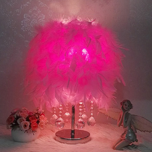 Cylindrical Nightstand Lamp Modern Style Feather Bedroom Table Light with Crystal Drip Pink D Clearhalo 'Lamps' 'Table Lamps' Lighting' 2196942