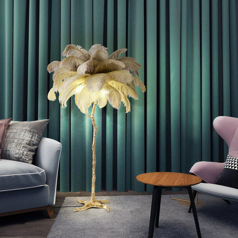 Tree-Shape Living Room Stand Up Light Feather 5 Bulbs Contemporary Floor Lighting Grey Clearhalo 'Floor Lamps' 'Lamps' Lighting' 2196952
