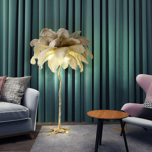 Tree-Shape Living Room Stand Up Light Feather 5 Bulbs Contemporary Floor Lighting Grey Clearhalo 'Floor Lamps' 'Lamps' Lighting' 2196952