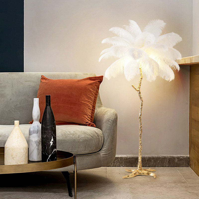 Tree-Shape Living Room Stand Up Light Feather 5 Bulbs Contemporary Floor Lighting White Clearhalo 'Floor Lamps' 'Lamps' Lighting' 2196953