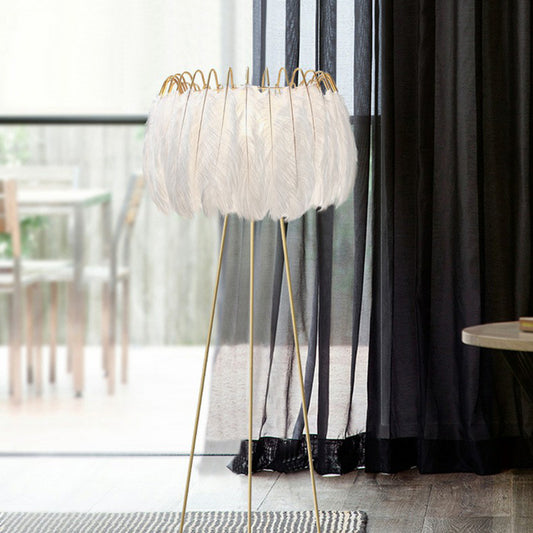 Nordic Style Tripod Floor Lamp Metal Single-Bulb Living Room Standing Lighting with Feather Shade in White White B Clearhalo 'Floor Lamps' 'Lamps' Lighting' 2196954