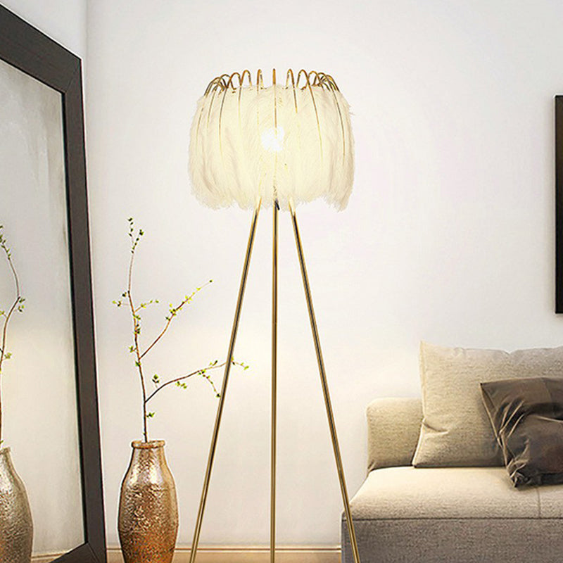 Nordic Style Tripod Floor Lamp Metal Single-Bulb Living Room Standing Lighting with Feather Shade in White Clearhalo 'Floor Lamps' 'Lamps' Lighting' 2196956