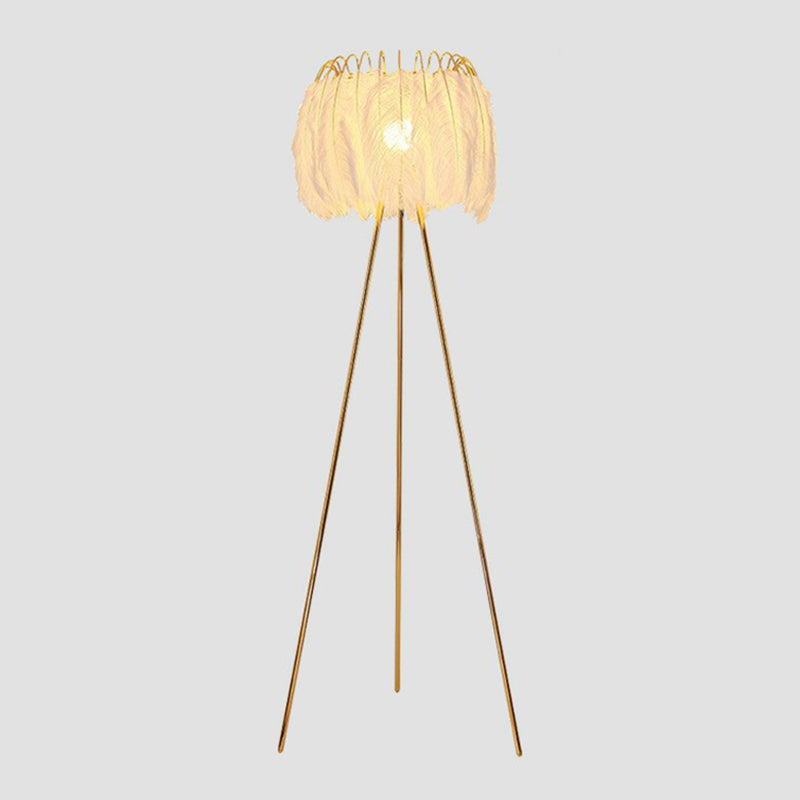 Nordic Style Tripod Floor Lamp Metal Single-Bulb Living Room Standing Lighting with Feather Shade in White Clearhalo 'Floor Lamps' 'Lamps' Lighting' 2196957