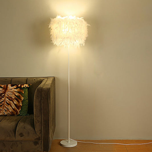 Drum Shade Standing Light Minimalistic Feather 1 Bulb Living Room Floor Lamp in White White 15.5" without Crystal Clearhalo 'Floor Lamps' 'Lamps' Lighting' 2196963