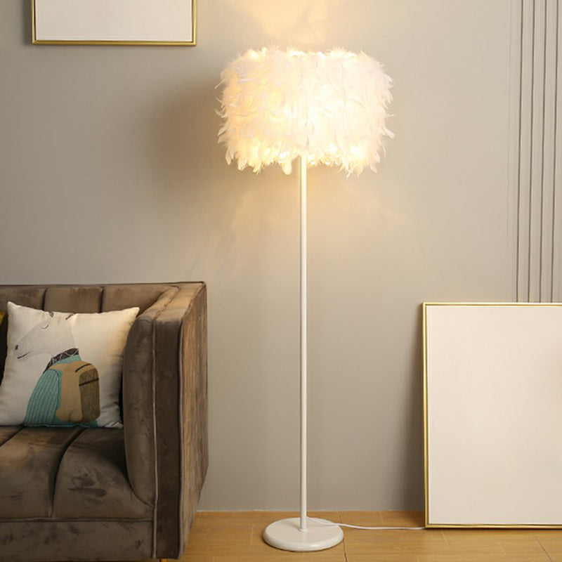 Drum Shade Standing Light Minimalistic Feather 1 Bulb Living Room Floor Lamp in White White 18" without Crystal Clearhalo 'Floor Lamps' 'Lamps' Lighting' 2196964