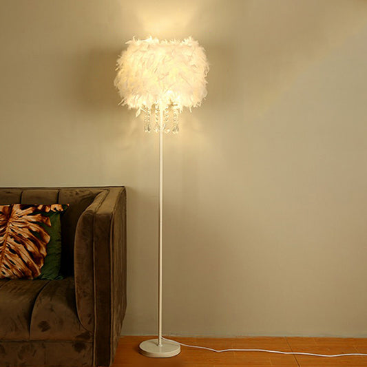 Drum Shade Standing Light Minimalistic Feather 1 Bulb Living Room Floor Lamp in White White 15.5" with Crystal Clearhalo 'Floor Lamps' 'Lamps' Lighting' 2196965