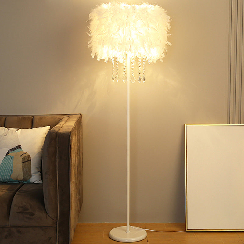 Drum Shade Standing Light Minimalistic Feather 1 Bulb Living Room Floor Lamp in White White 18" with Crystal Clearhalo 'Floor Lamps' 'Lamps' Lighting' 2196966