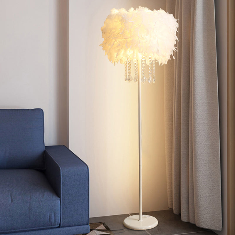 Drum Shade Standing Light Minimalistic Feather 1 Bulb Living Room Floor Lamp in White Clearhalo 'Floor Lamps' 'Lamps' Lighting' 2196967