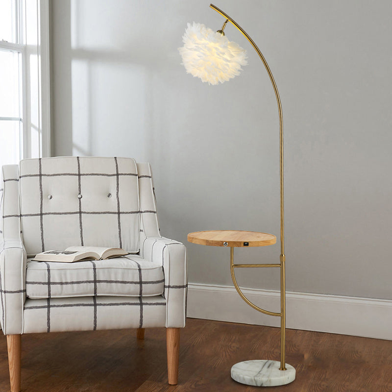 Feather Hemisphere Shade Floor Light Modern 1 Bulb Gold Standing Lamp with Wooden Tray Gold Clearhalo 'Floor Lamps' 'Lamps' Lighting' 2196968
