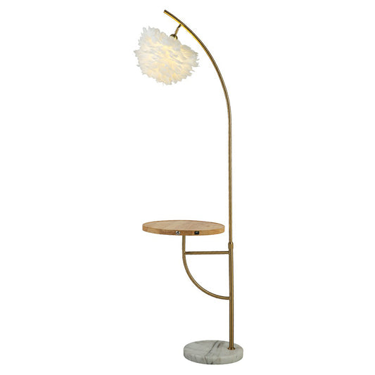 Feather Hemisphere Shade Floor Light Modern 1 Bulb Gold Standing Lamp with Wooden Tray Clearhalo 'Floor Lamps' 'Lamps' Lighting' 2196970