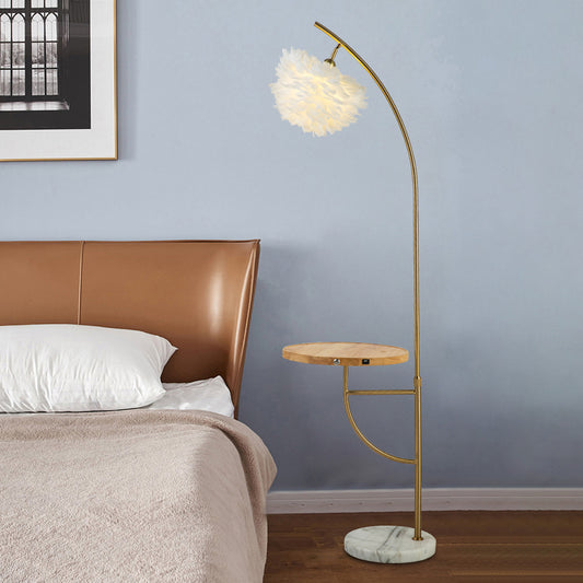 Feather Hemisphere Shade Floor Light Modern 1 Bulb Gold Standing Lamp with Wooden Tray Clearhalo 'Floor Lamps' 'Lamps' Lighting' 2196971