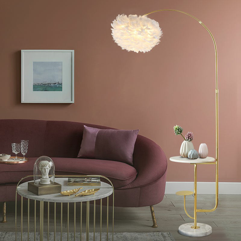 Fishing Rod Living Room Floor Light Metallic 1 Head Simplistic Standing Lamp with Tray and Feather Shade Clearhalo 'Floor Lamps' 'Lamps' Lighting' 2196974