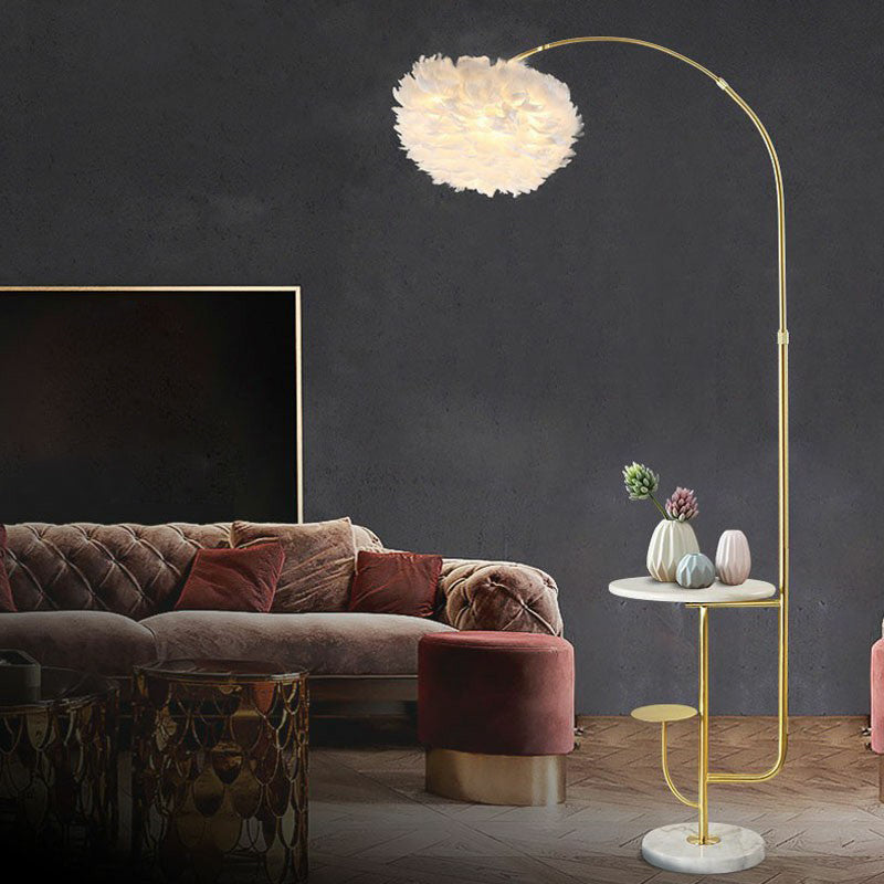 Fishing Rod Living Room Floor Light Metallic 1 Head Simplistic Standing Lamp with Tray and Feather Shade Clearhalo 'Floor Lamps' 'Lamps' Lighting' 2196975